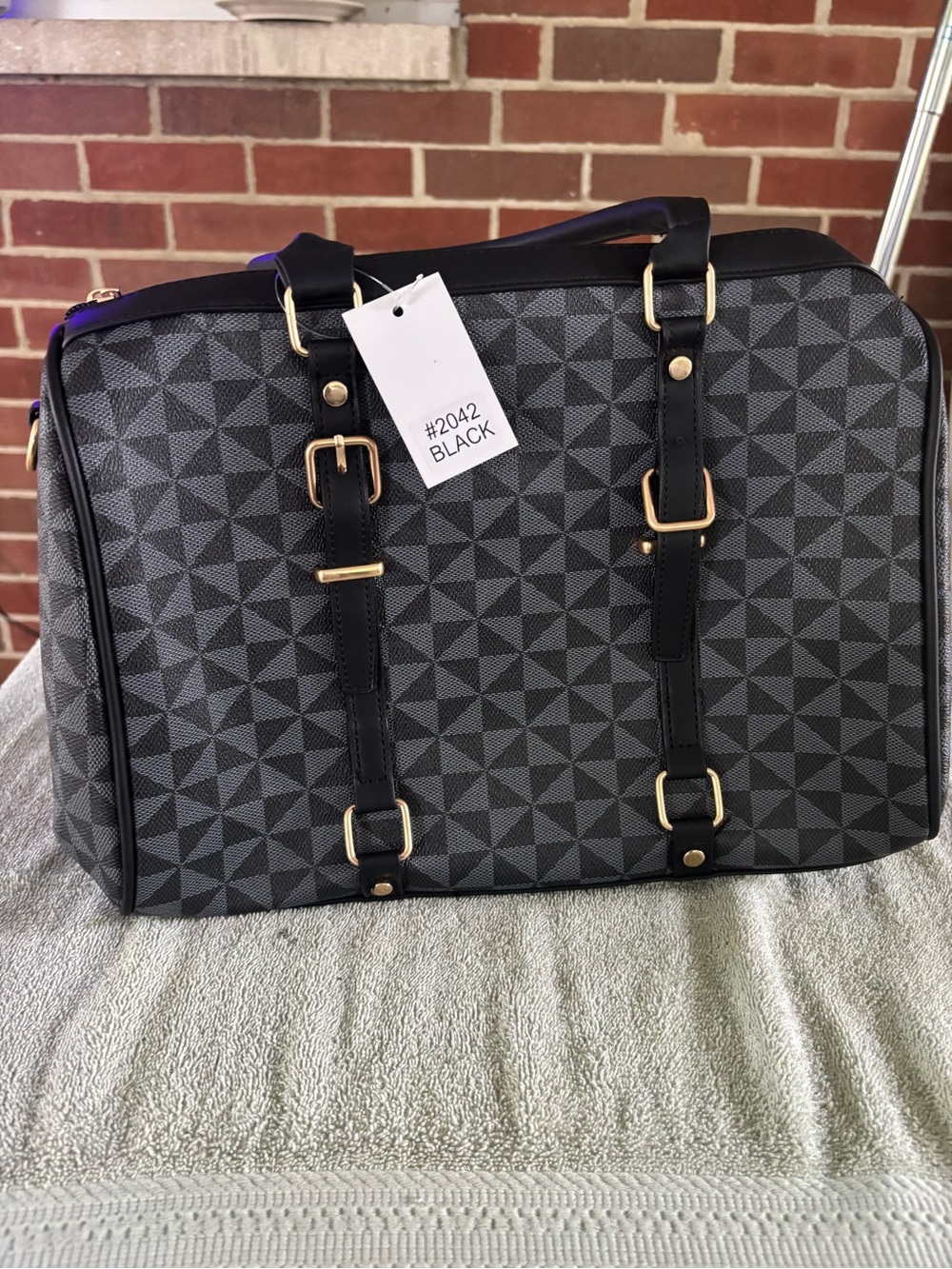 New Black & Gray Geometric Large Satchel Travel Bag With Shoulder Strap